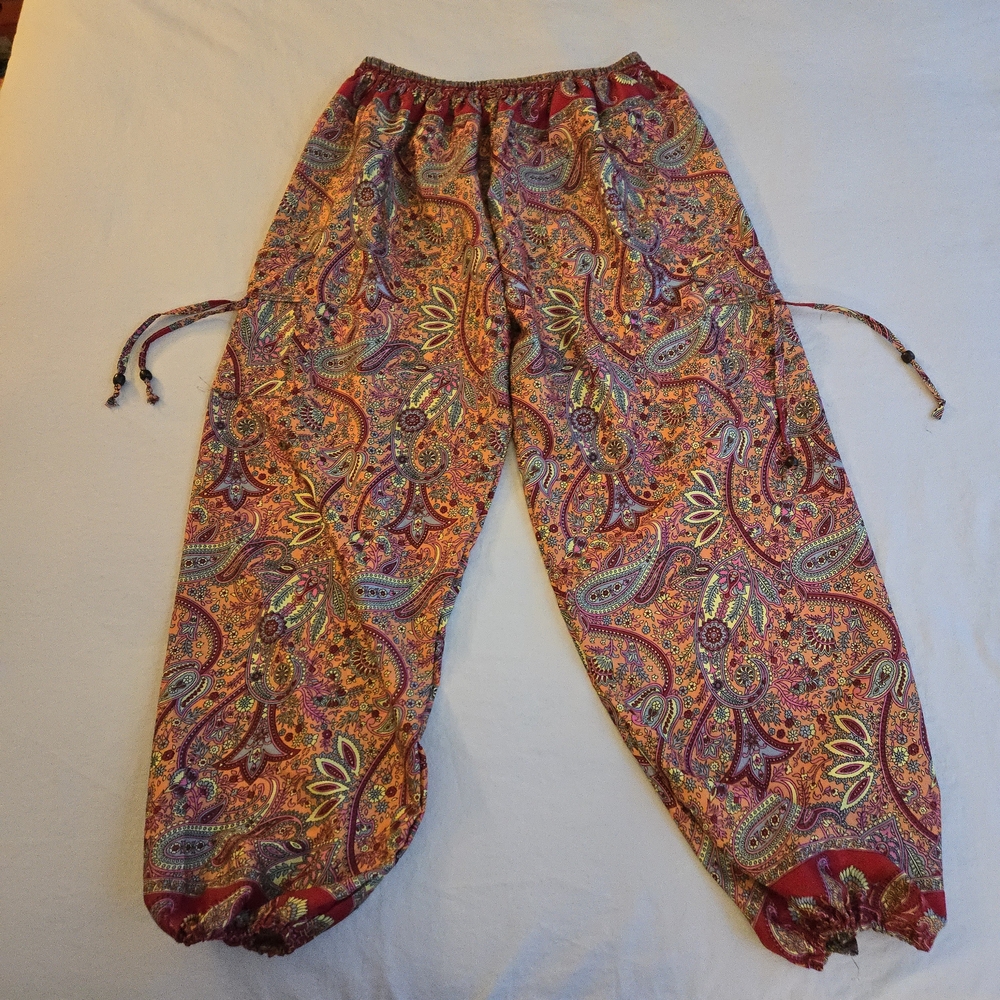 Orange Paisley Silk Wide Leg Boho Pants Elastic Waist Tassle Ties CW3 - Picture 10 of 11